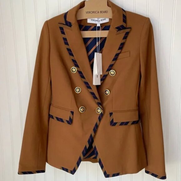 NWT Veronica Beard Miller Striped Piping Dickey Jacket Dark Ochre Brown Size 2 - Picture 1 of 8